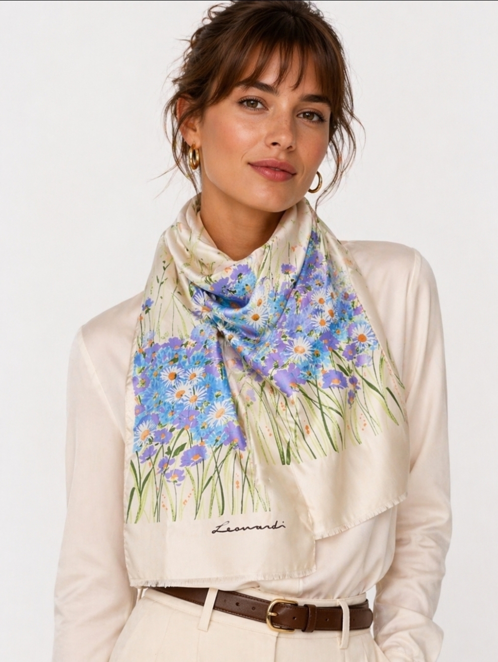 Leonardi Vintage Italian Floral Scarf in Cream with Blue & Green Bouquet Daisies